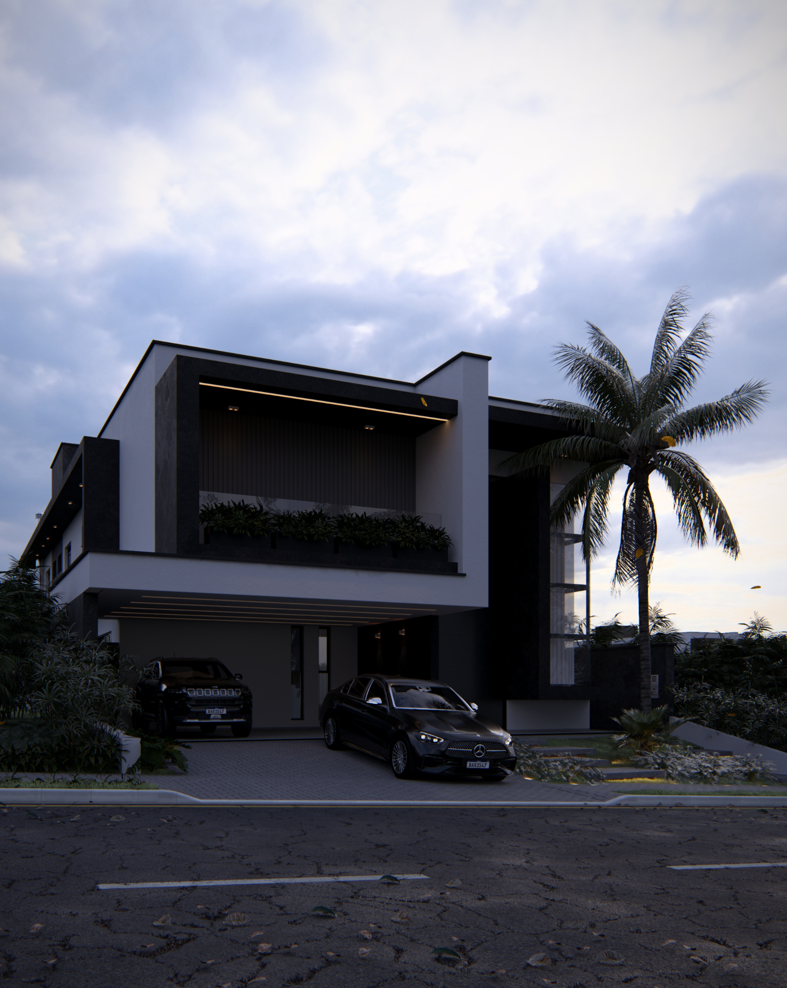 Render residencial ao entardecer com iluminação arquitetônica