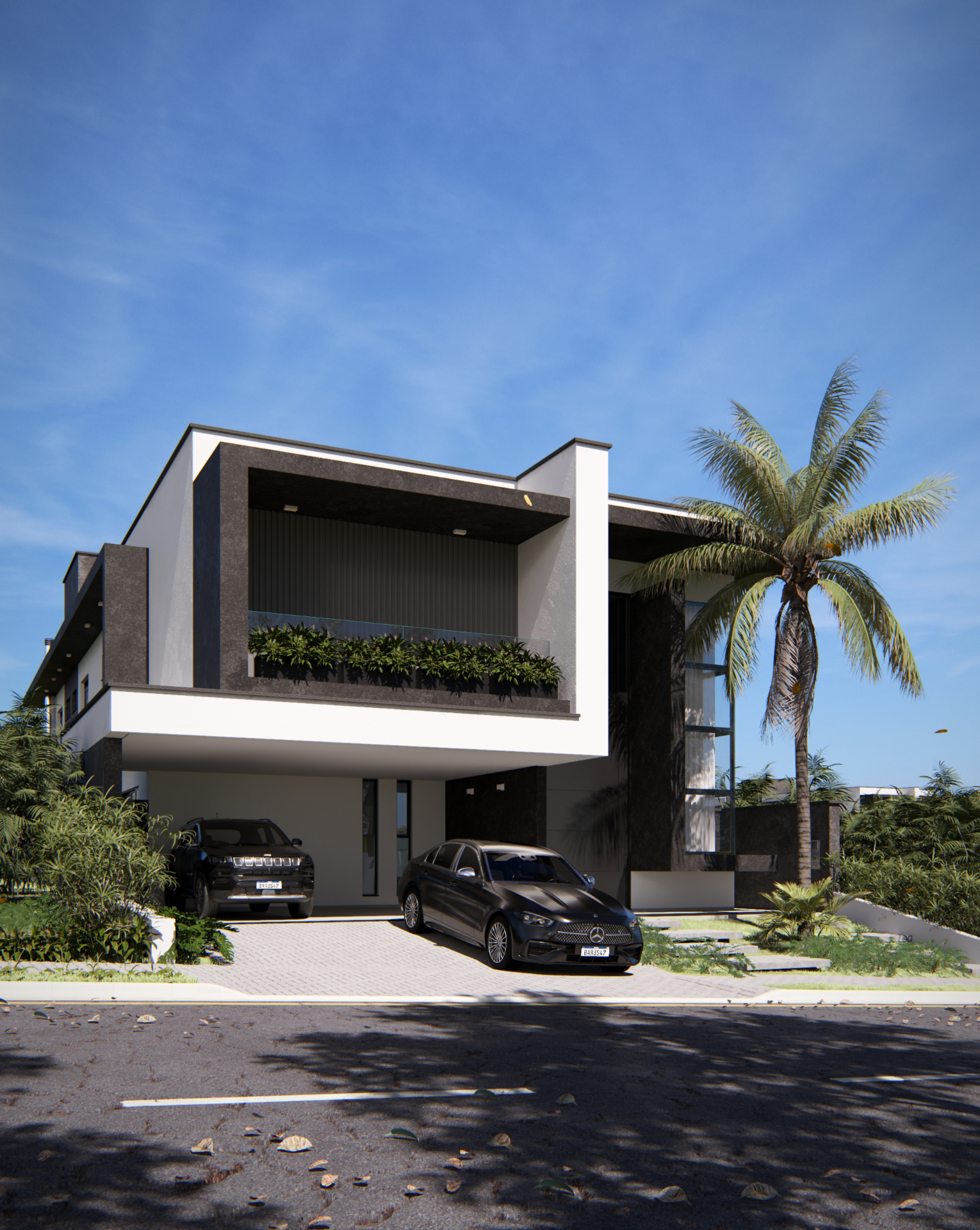Render residencial contemporâneo com fachada em preto e branco