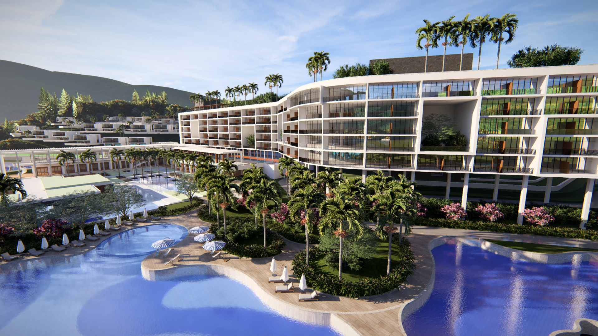 Render de empreendimento com piscinas curvas e paisagismo exuberante